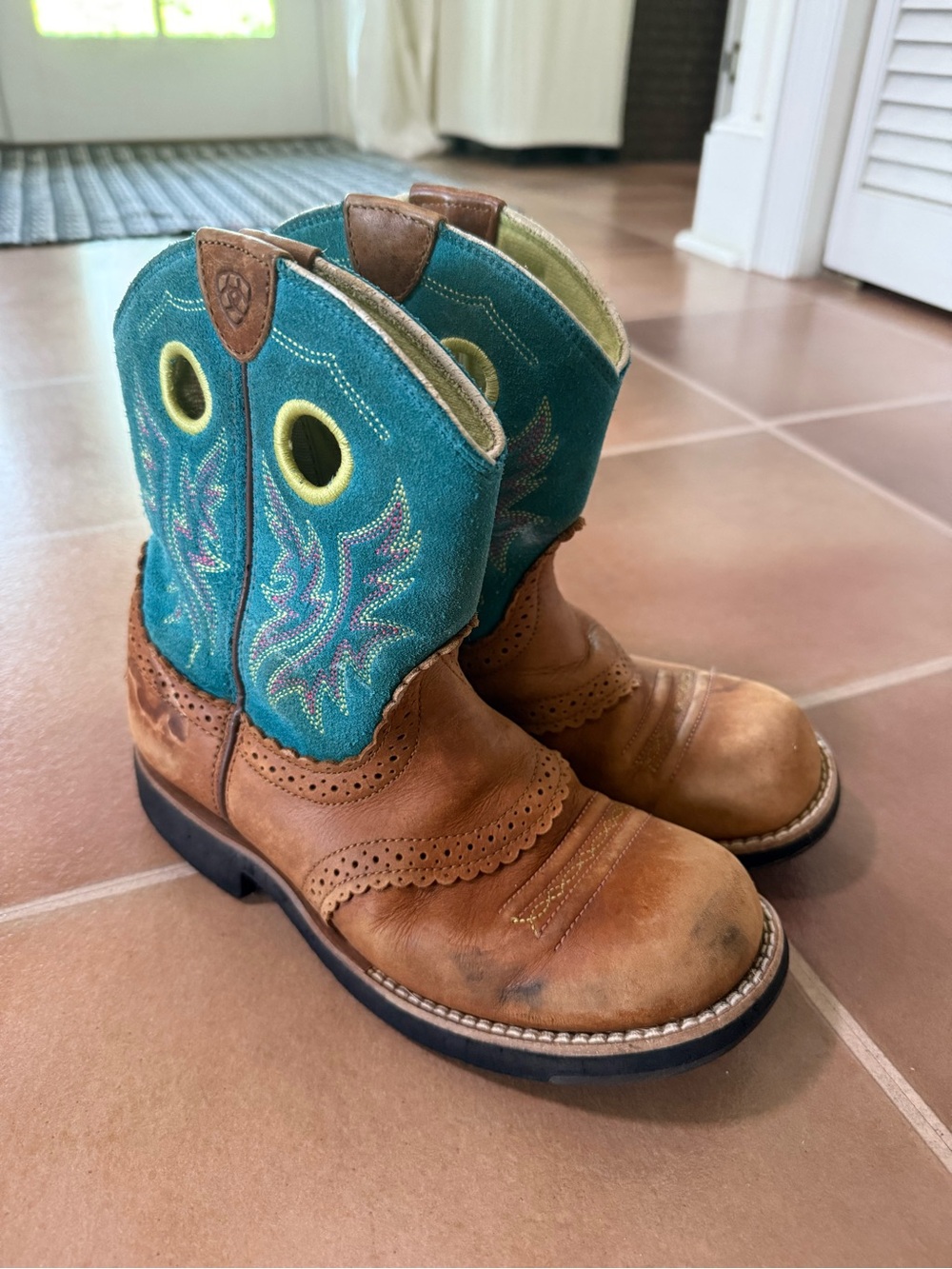 Arita Kids Western Pull-On Boots with Teal Shaft and Brown Leather 4.5